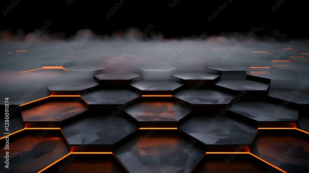 Poster a dark, smoky scene features a hexagonal grid of metallic, textured blocks with vibrant orange neon 