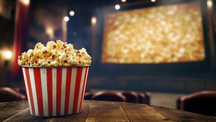 Freshly Popped Popcorn in a Classic Red and White Bucket Ready for Movie Night with a Cinematic Background in a Cozy Theater Atmosphere