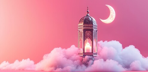 Eid Mubarak and Ramadan Kareem greetings with lantern, moon, clouds, and copy space on pink background.