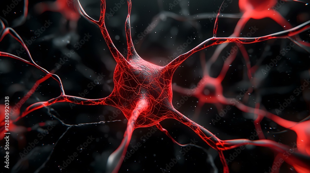 Poster the image shows a detailed close-up of a neuron, its branching dendrites and axon glowing red agains
