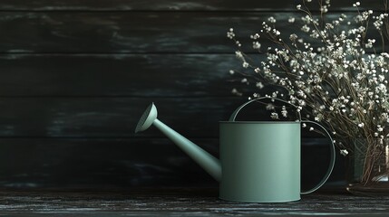 Teal watering can and dried flowers on wood.