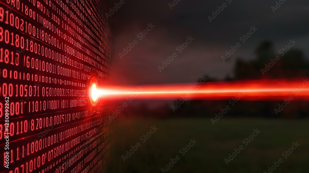 Poster a red laser beam emanates from a wall of binary code, projecting across a dark, blurred landscape.