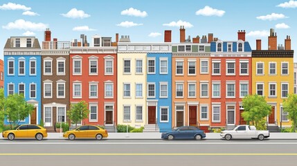 Fototapeta premium Charming colorful row houses illustration with vintage cars and urban lifestyle scenes creating a sense of city neighborhood allure