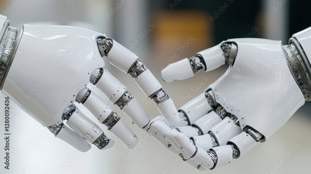 Poster Two robotic hands gently grasping each other, symbolizing connection and collaboration between technology and humanity.