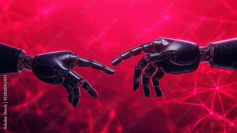 Poster Two robotic hands reaching towards each other against a vibrant red and black background, symbolizing connection and technology.