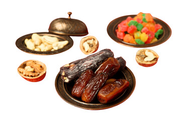 PNG, Ramadan. Set of traditional food during fasting period,.isolated on white background.