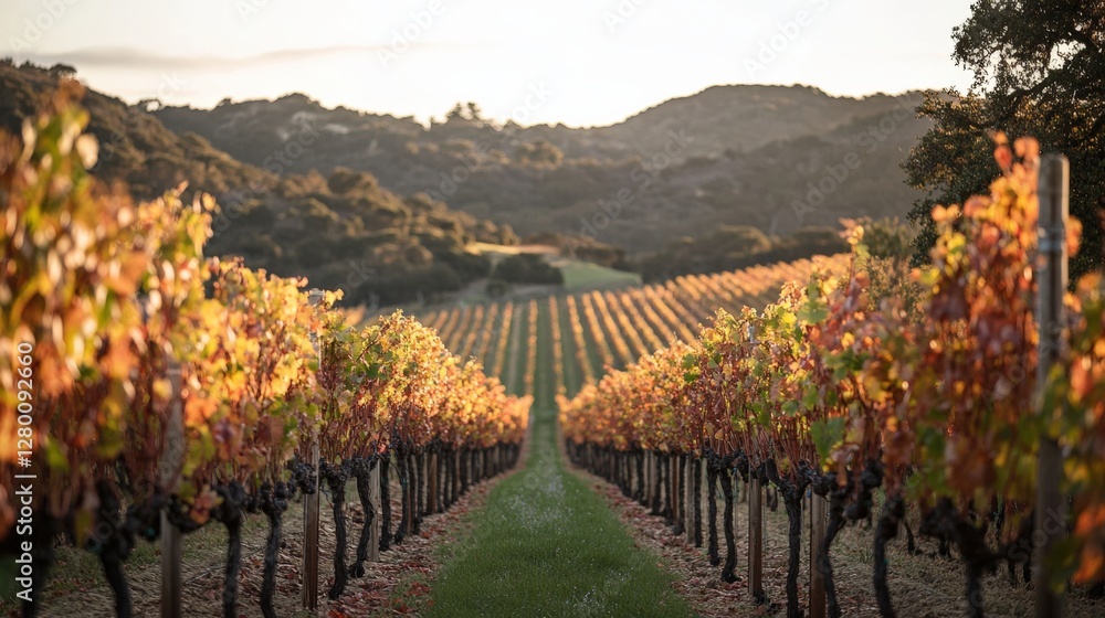 Poster serene vineyard landscape at sunset with rows of grapevines and rolling hills in background