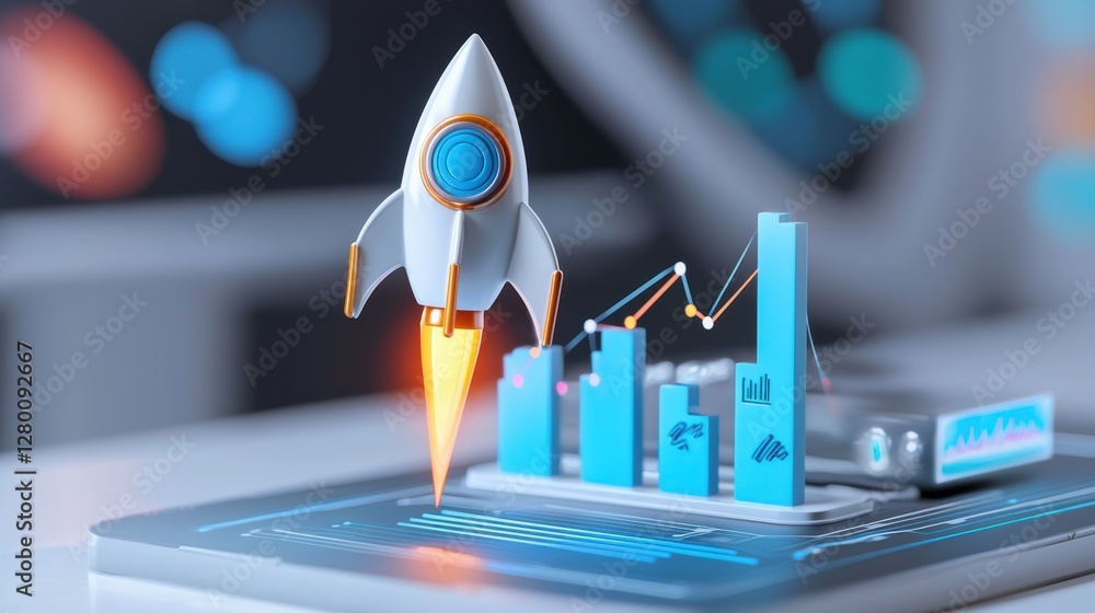 Poster modern business growth concept with rocket taking off above charts and graphs representing data anal