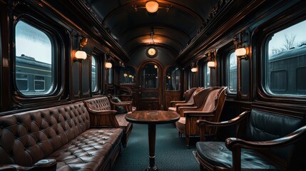 Fototapeta premium Elegant Vintage Train Interior with Rich Wood and Leather Seats, Cozy Atmosphere, Soft Lighting, Timeless Design for Nostalgic Travel Experience