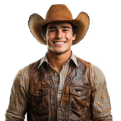 Fototapeta premium Rugged cowboy in a brown plaid shirt and vest with a friendly expression, isolated on transparent background