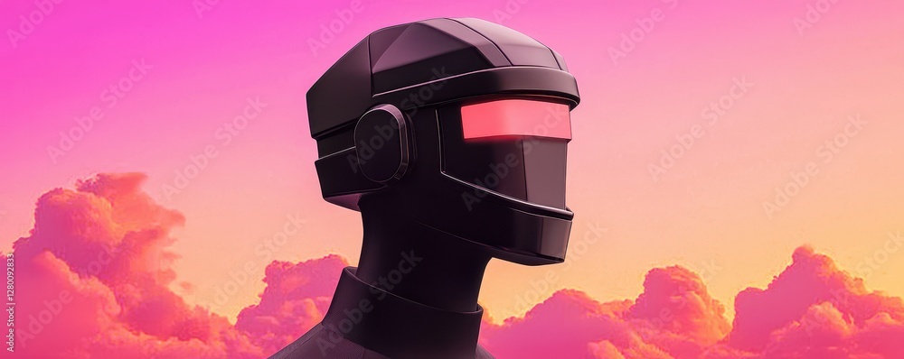 Poster a futuristic robot with a sleek design and glowing visor stands against a vibrant pink and purple sk
