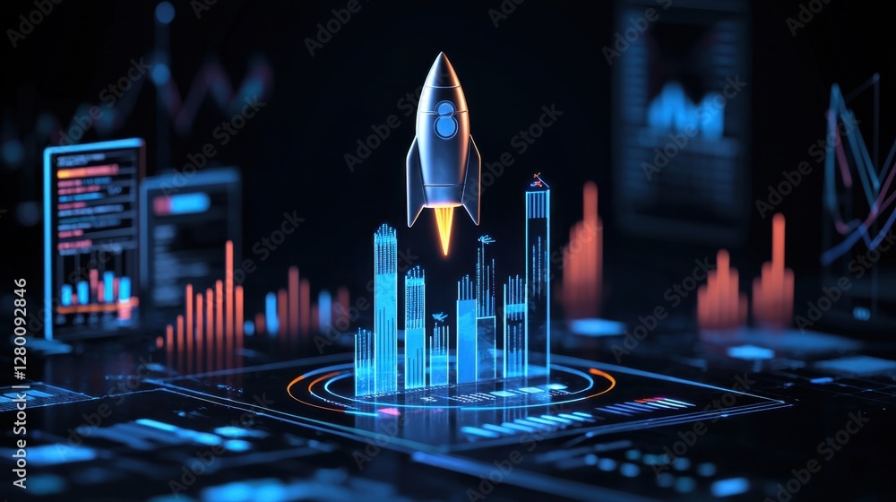 Poster futuristic rocket launching over digital data charts and graphs representing growth, innovation, and