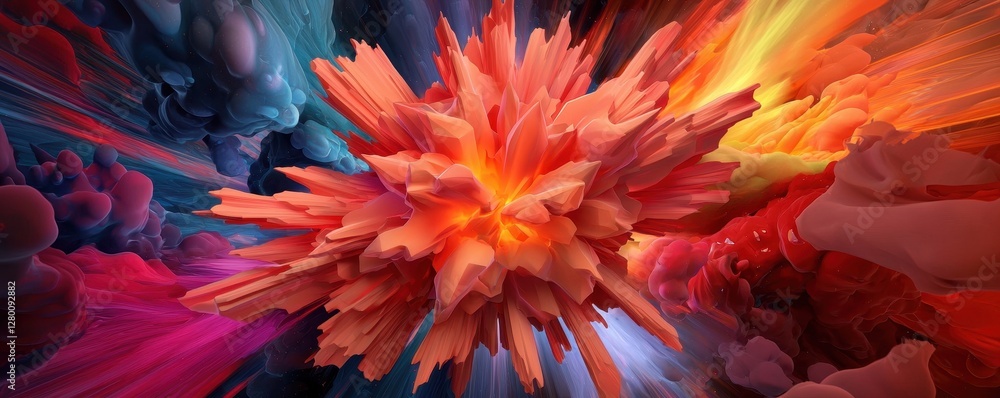 Poster A vibrant explosion of colors, showcasing intricate patterns and textures, creating a visually captivating abstract scene.