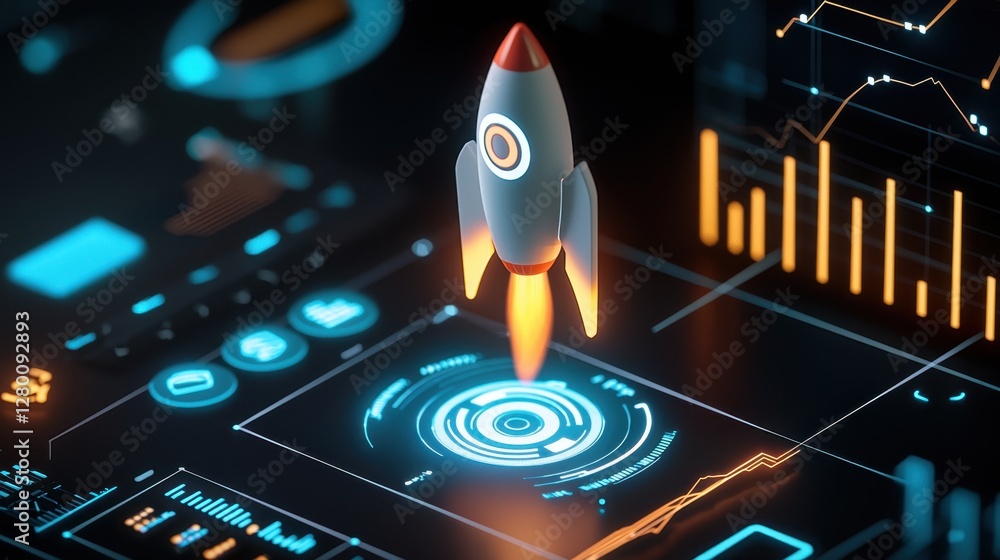 Poster Digital Launch of a Futuristic Rocket on a High-Tech Background with Data Visualization and Graphs for Innovative Technology Concepts