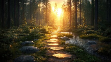 Sunset forest path, stone steps, stream, nature, tranquility, background, website banner
