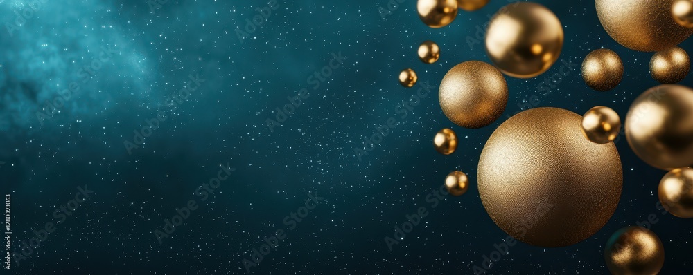Poster a captivating arrangement of golden spheres floating against a dark, starry background, creating a s