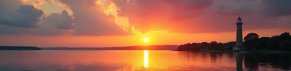 Fototapeta premium Sunset clouds casting a warm glow on longview water tower and lake's surface, lake, golden light