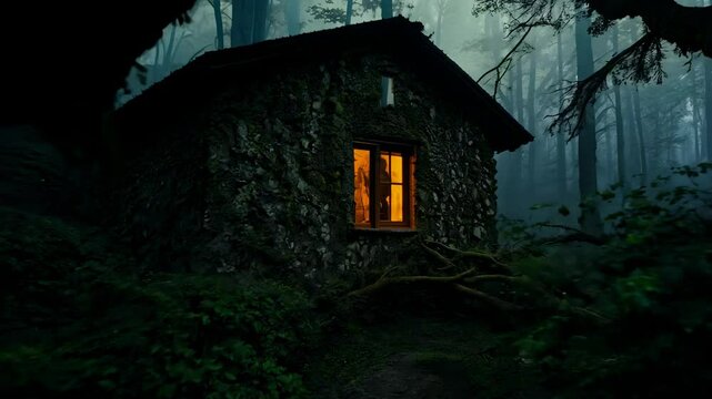 A mysterious stone house in the middle of a dark, mossy forest. The window glows in the dark. The mysterious stone house captivates with its glowing window in the deep woods.