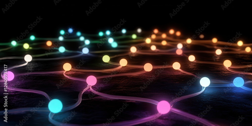 Poster a vibrant network of colorful dots connected by glowing lines against a dark background, representin