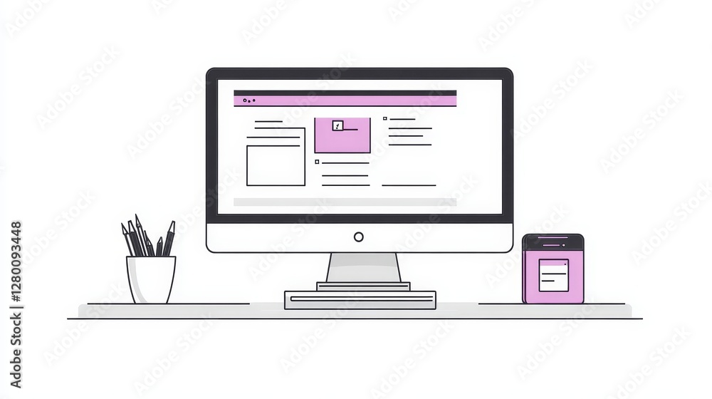 Poster modern workspace minimal desk setup with computer display and accessories for productive remote work