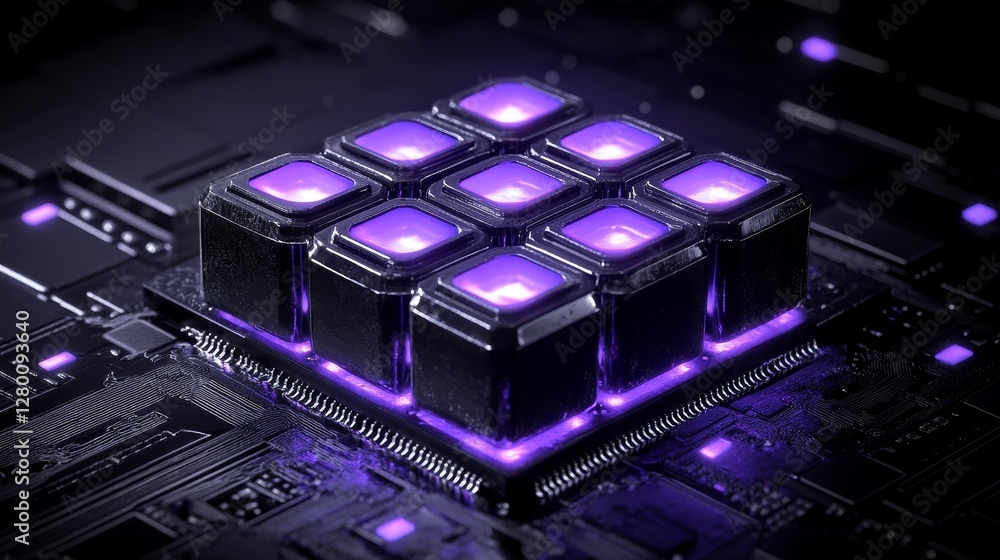 Poster futuristic quantum computing processor core with violet light advanced technology neural network dee