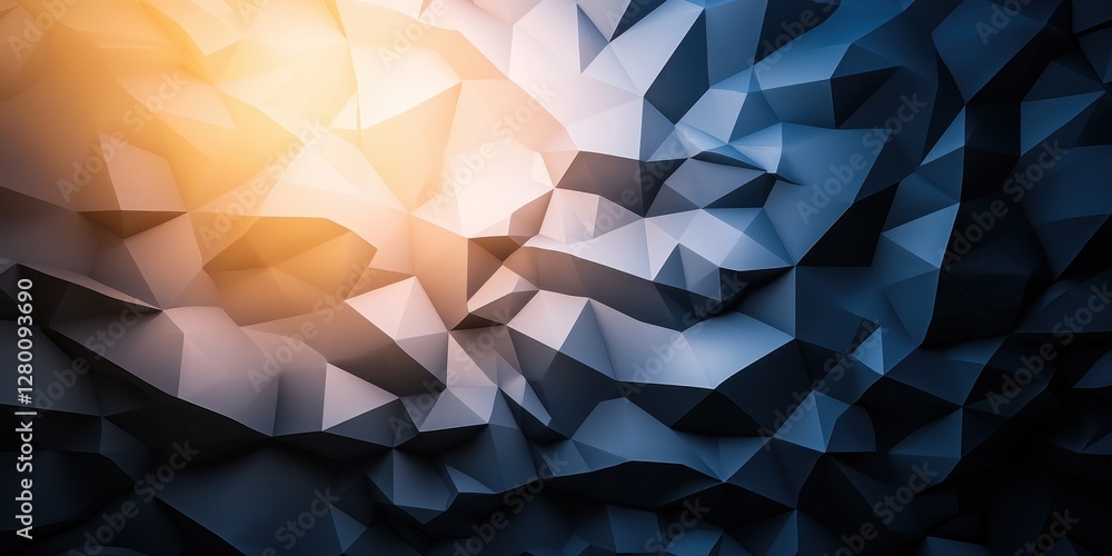 Poster A dynamic, abstract background featuring angular shapes in blue and orange tones, creating a sense of depth and movement.