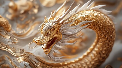 Golden Dragon Sculpture, swirling clouds, Asian art, decor