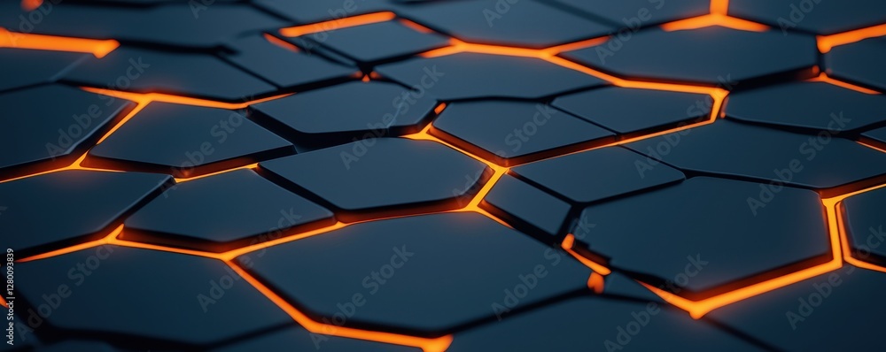 Poster A close-up of hexagonal tiles with glowing orange lines creating a striking contrast against a dark background.