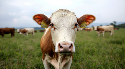 Environmental crisis. Cow in a green field with a herd in the background.