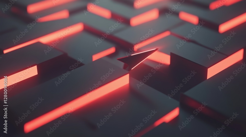 Poster abstract composition of glowing red lines and geometric shapes creating a modern digital landscape
