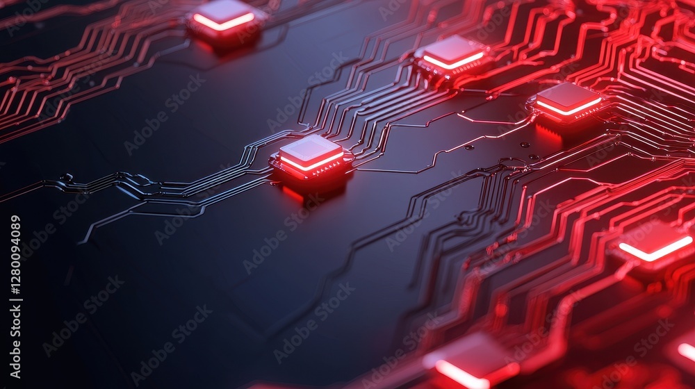 Poster A close-up view of a circuit board with illuminated red components, showcasing intricate pathways and a modern technological design.