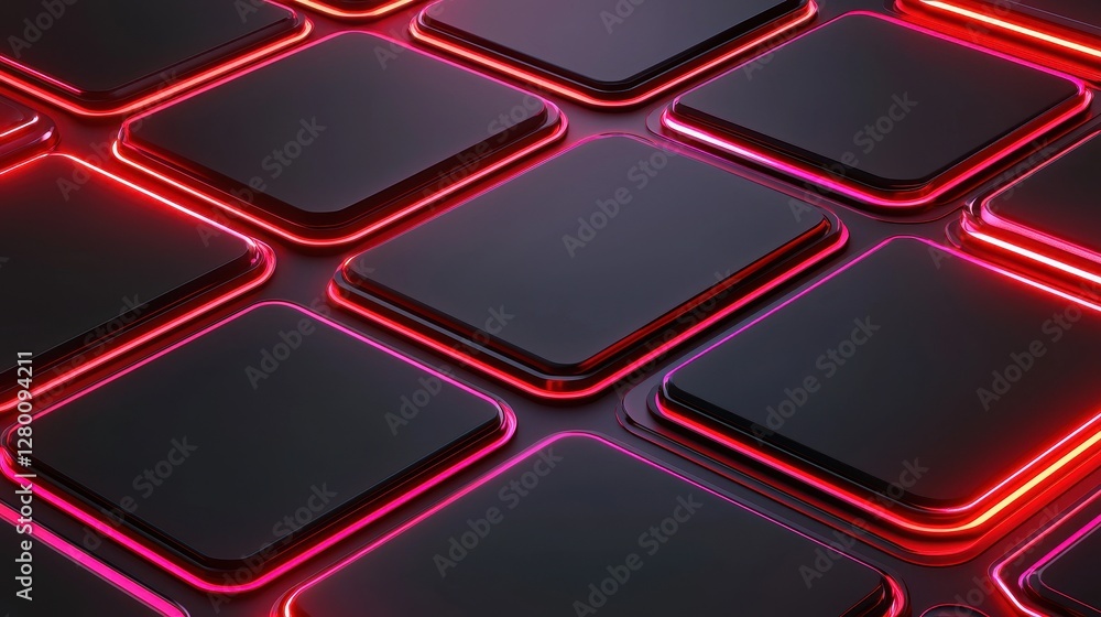 Aufkleber A vibrant, futuristic pattern of dark tiles with glowing red edges, creating a high-tech, illuminated visual effect.