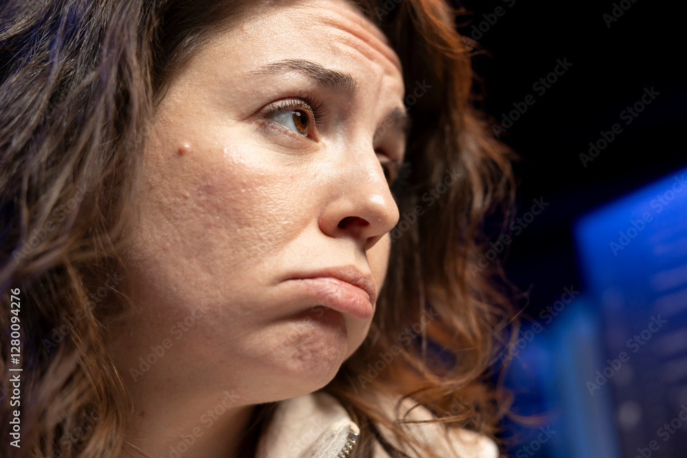 Poster unhappy woman sulking while doing software quality assurance, finding major errors in source code. s