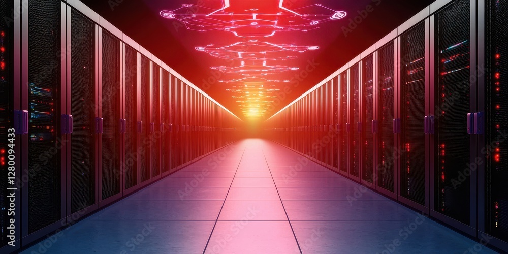 Poster A futuristic data center corridor illuminated by vibrant lights, showcasing rows of servers and a glowing horizon.