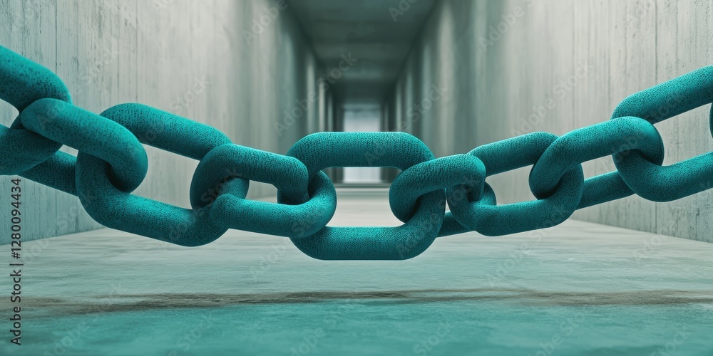 Aufkleber A close-up view of a teal chain lying on a surface, set against a blurred corridor, emphasizing strength and connection in a minimalistic design.