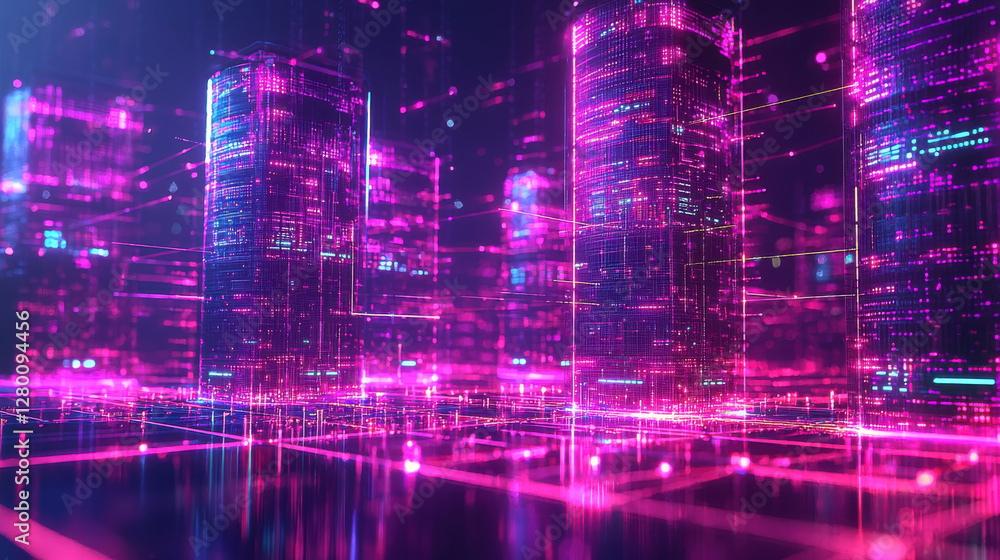 Poster futuristic cityscape with glowing skyscrapers and digital elements, cloud computing and data storage