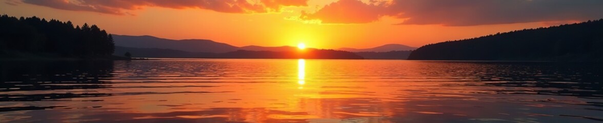 Sunset over a serene lake with gold textured foil ripples, nature scene, sunset