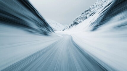 Drag racing car zooming through a snowy mountain pass. Featuring challenge and speed