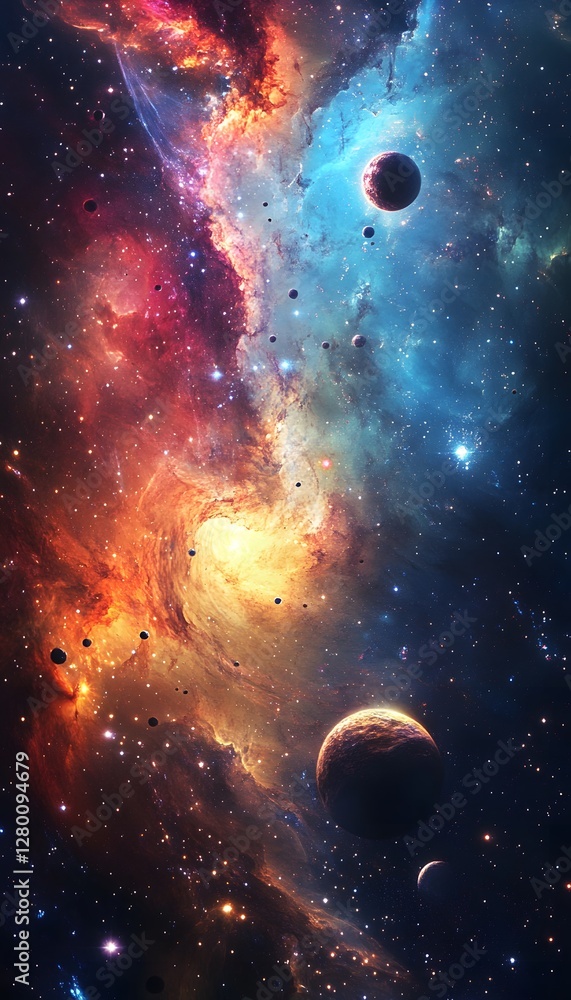 Poster a colorful cosmic scene displays multiple planets and nebulae formations