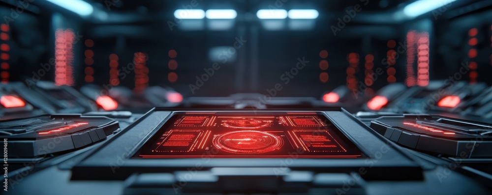 Poster A futuristic control room with glowing red interfaces and panels, creating a high-tech atmosphere.