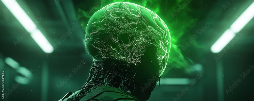 Poster a futuristic, alien-like figure with a glowing green brain is depicted in a dark environment, sugges