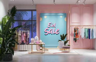 3D high-street window with a festive Eid Sale banner and a display of trendy clothing and accessories.