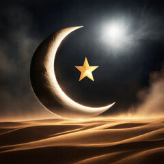 Artistic Crescent Moon and Star Over Desert Sands &ndash; Surreal Nightscape