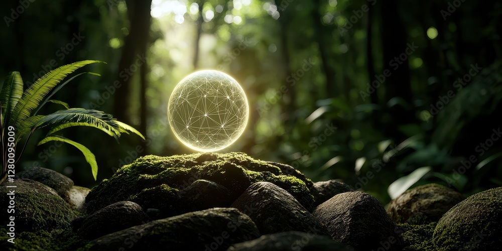 Poster a glowing sphere rests on moss-covered stones in a lush forest, surrounded by vibrant greenery and s
