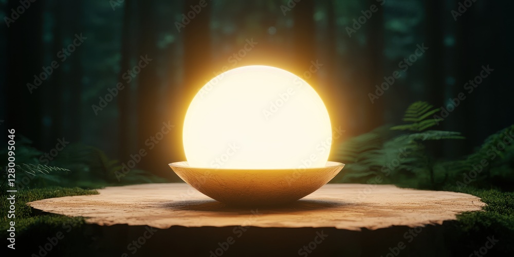 Poster A glowing orb rests on a wooden surface in a dark forest, surrounded by greenery, creating a magical and serene atmosphere.