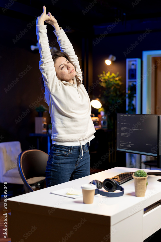 Poster fatigued cybersecurity specialist stretching after looking for company security vulnerabilities and 
