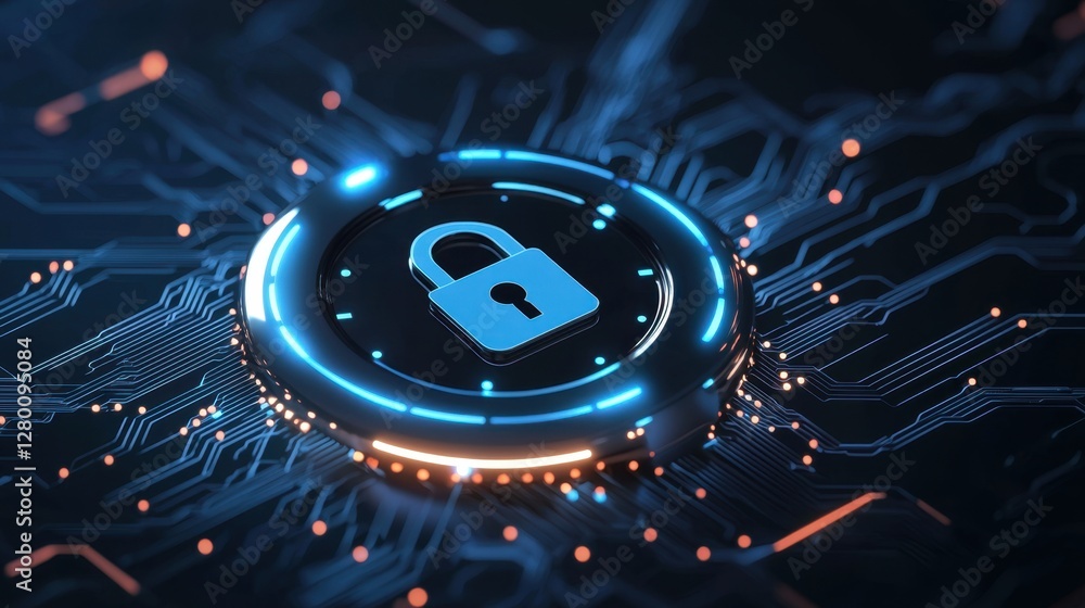 Poster secure digital lock icon centered on a futuristic circuit board with glowing elements and dark backg