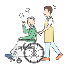 車椅子の高齢男性が介助をする若い男性に怒っている全身イラスト
