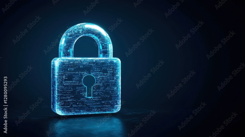 Poster digital representation of a transparent lock with circuits glowing in blue light, symbolizing advanc