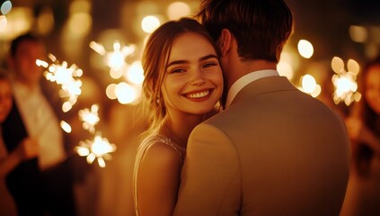Joyful couple celebrating together at a festive event with sparkling lights in the background, creating a romantic and magical atmosphere of joy and connection